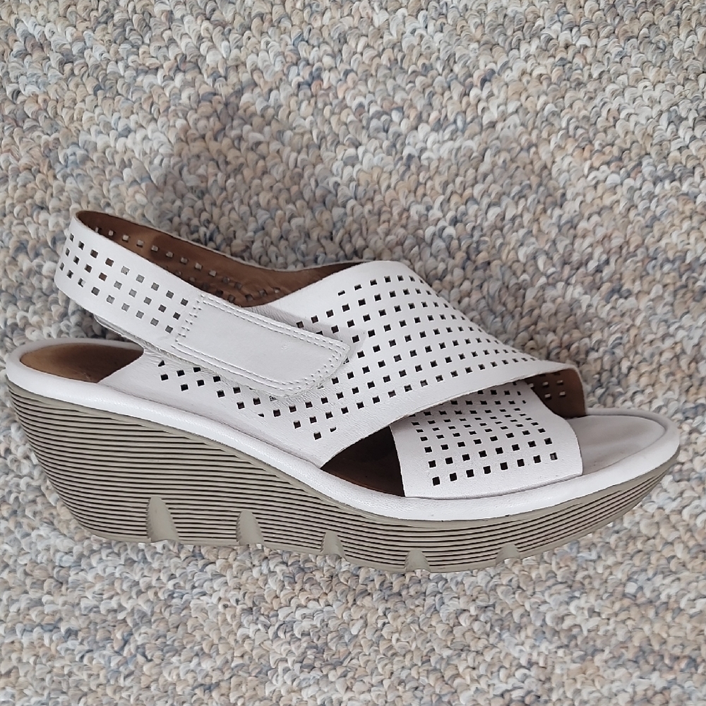 Clarks White Perforated Wedge Sandals